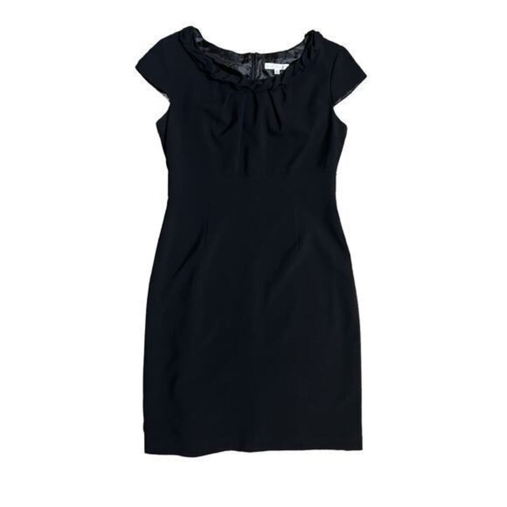 Sandra Darren Black Cocktail Sheath Midi Dress Cap Sleeve Size 8 Braided Neck